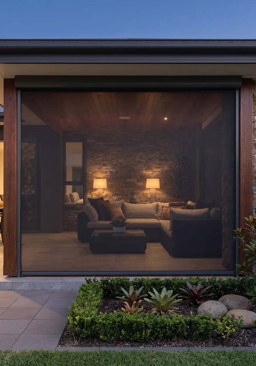 ZipScreen privacy shading on a residential home at dusk — soft fabric privacy without sacrificing the warmth or view from inside. Installed by Vivanova.
