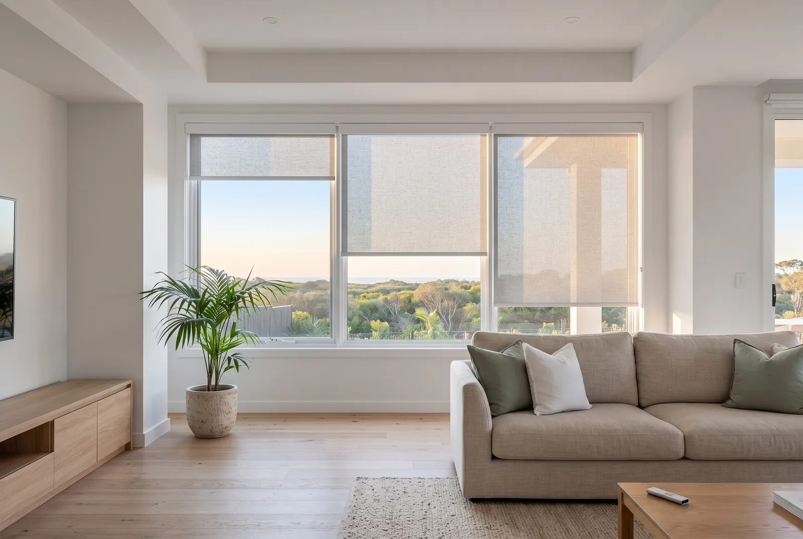 Motorised sunscreen roller blind in a contemporary Australian living room at dusk — Rollease Acmeda motorised internal blind by Vivanova.